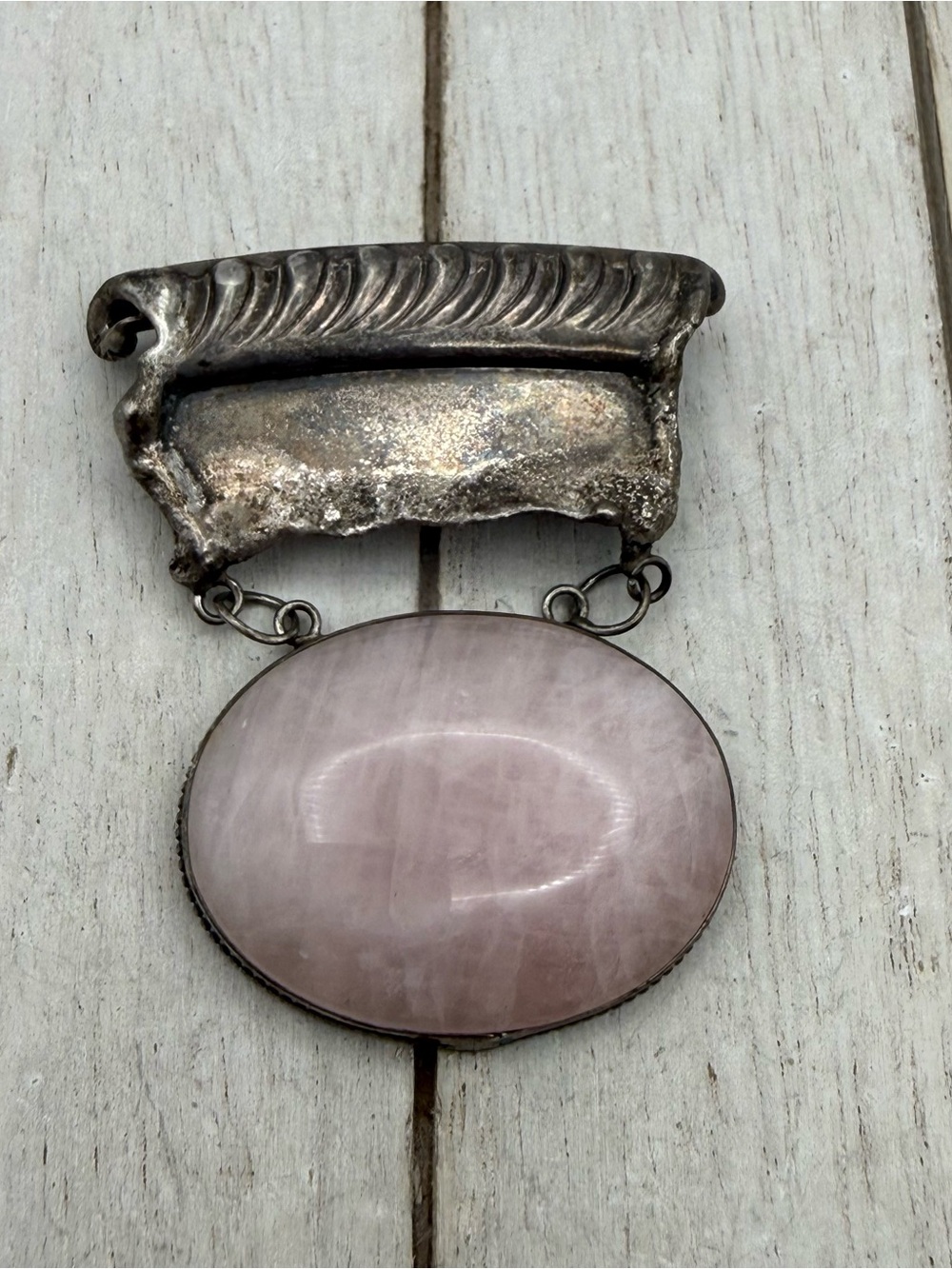 Vintage silver tone Rose Quartz brooch